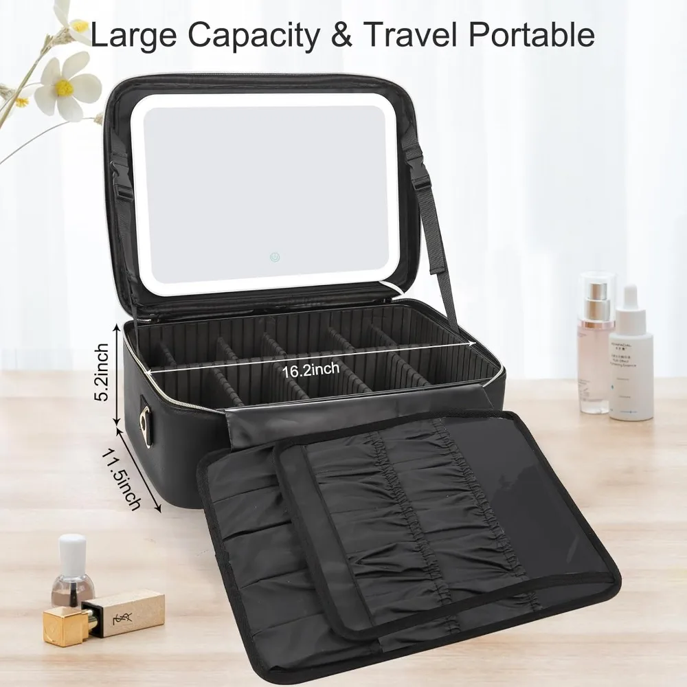 16.2" LED Makeup Case with 3-Color Lighted Mirror, Adjustable Dividers, USB Rechargeable, Travel Cosmetic Organizer for Artists view 3
