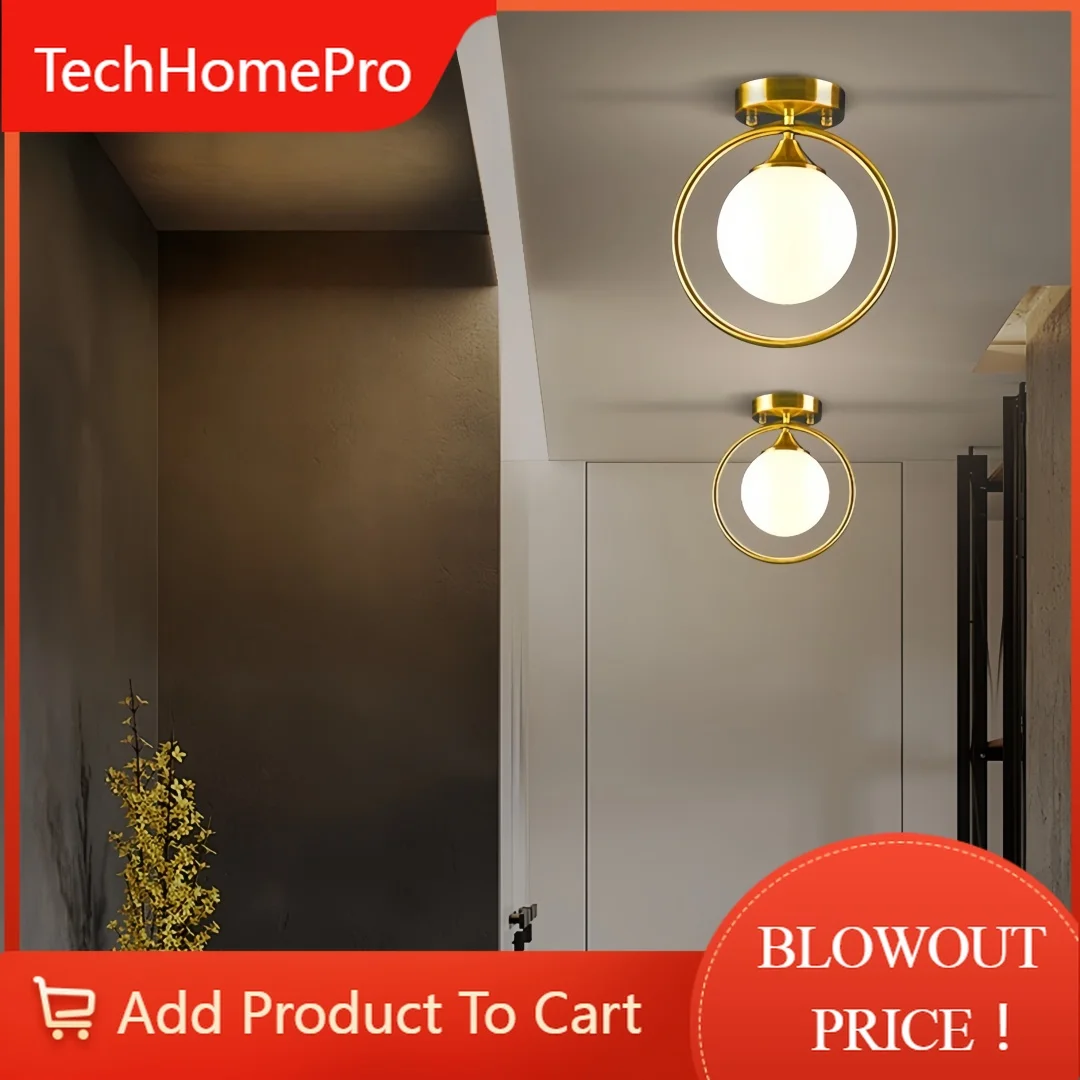 TechHPModern Gold Globe Ceiling Light, Stylish Circle Frame Flush Mount Lamp For Foyer, Bedroom, Corridor E14