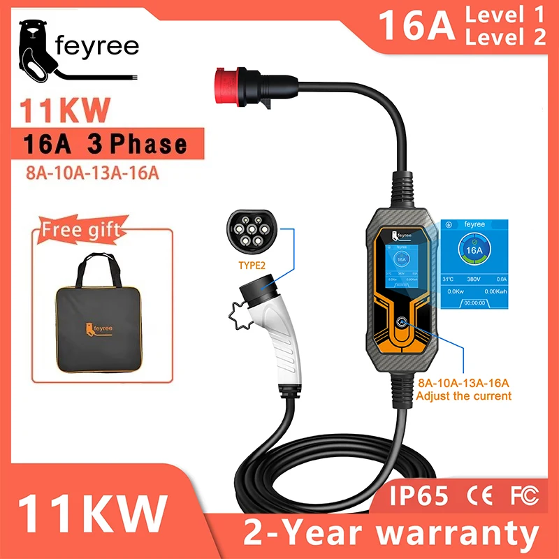 feyree 11KW 16A 3 Phase EV Portable Charger Type2 5M Cable EVSE Charging Box Electric Car Charger CEE Plug for Electric Vehicle