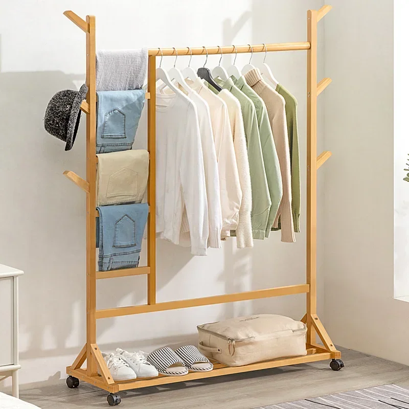 Bamboo Branch Clothes Rack Multi-functional Storage Rack Bold Reinforcement Hanger For Bags Universal Pulley Coat Rack For Kids