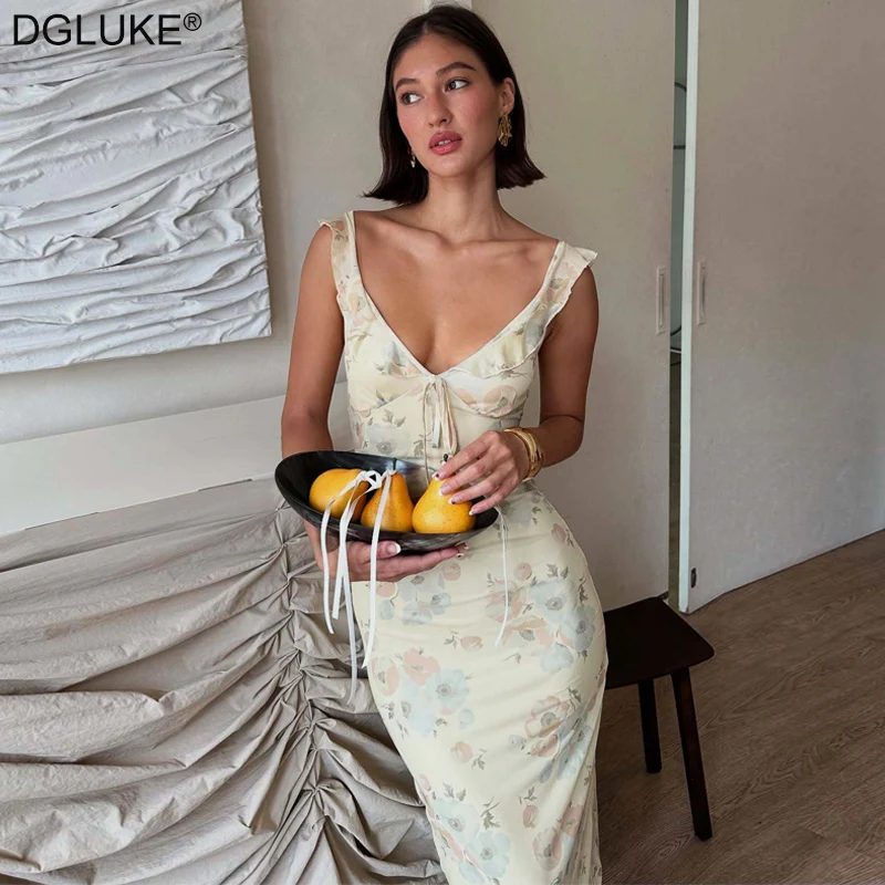 

DGLUKE Ruffle Plunge Neck Floral Maxi Dress Woman Tie Front Bodycon Mesh Beach Dress Bohemian Romantic Long Summer Dresses