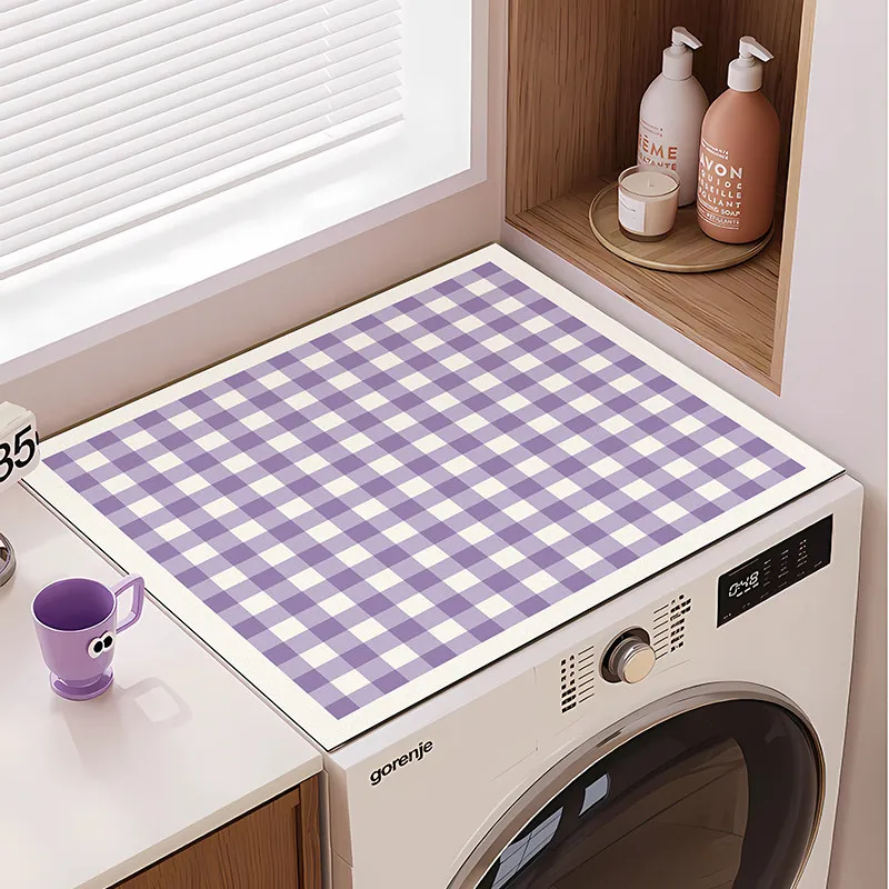 VIKAMA Pink White Plaid Washing Machine Cover Mat Pastel Check Grid Print Waterproof Anti Dust Dryer Cabinet Surface Pad Rug