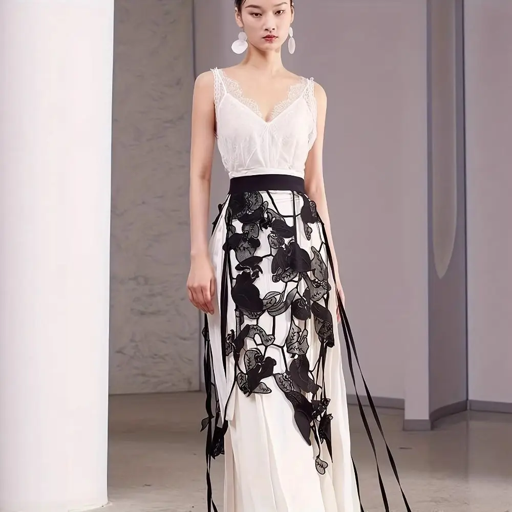 High Waist Lace Midi Skirt Irregular Side Slit Embroidered Flower Lace Drawstring Skirt Y2K Streetwear See Through 9