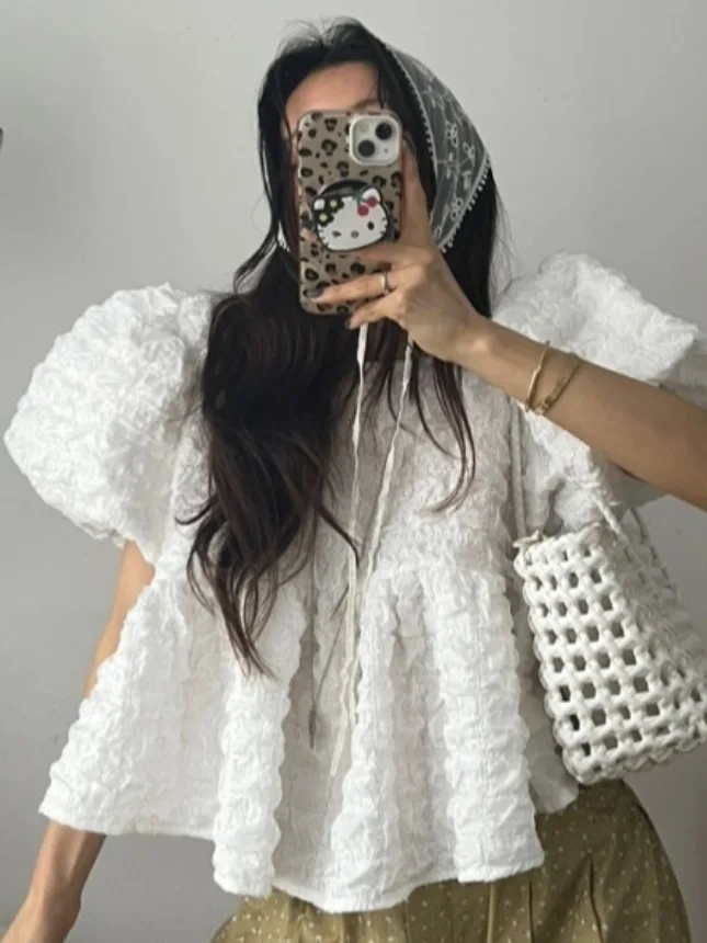 Elegant Loose Short Puffy Shirt for Women Summer New Style Ageless Design Folded Lace Hemline Breathable Casual Office Wear