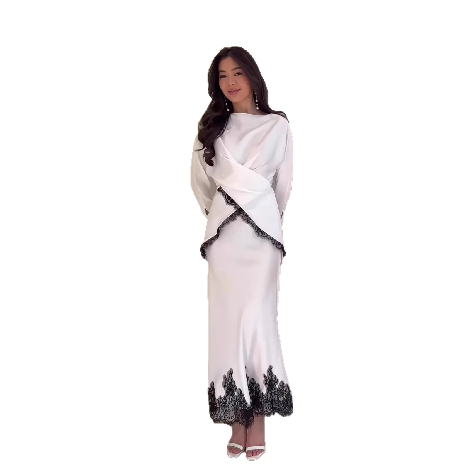 Long Sleeve Two Set Fitted Elegant with Mid Rise Waist Seam Construction Long Dress Pullover Round Neck Dresses for Women