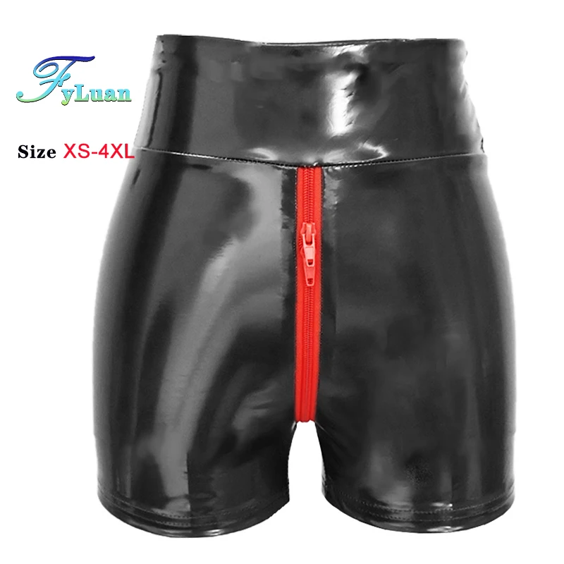 Double Zipper Womens Shorts Elastic High Waist Wetlook Shine PU Leather Short Pants Latex Hot Goth Shorts Clubwear Party Shorts