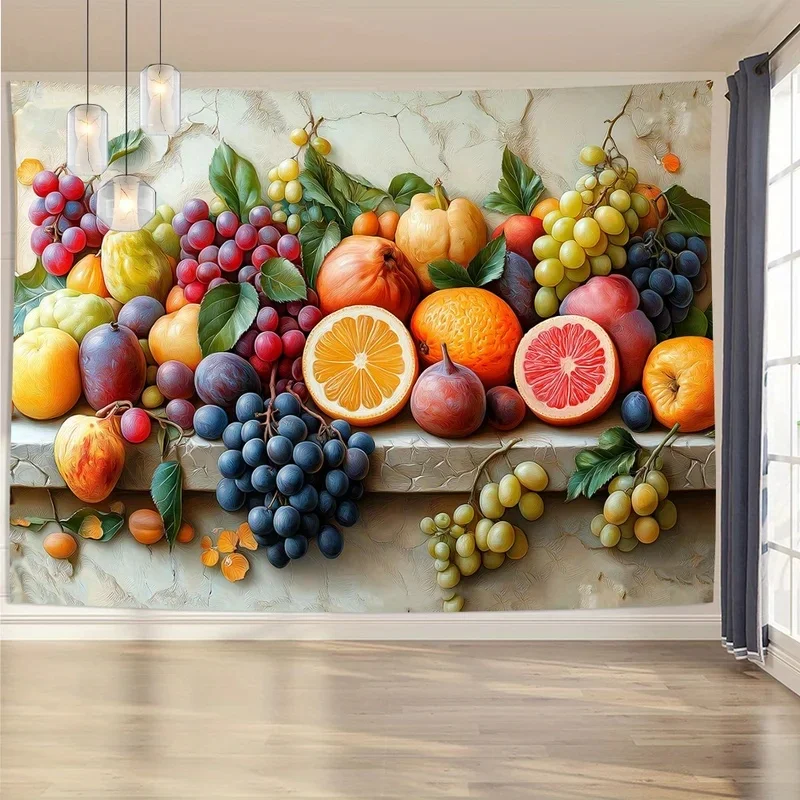 VIKAMA Fruit Still Life Tapestry Oil Painting Grape Orange Pomelo Fig Wall Hanging Vintage Fruit Art Kitchen Dining Room Home Wa