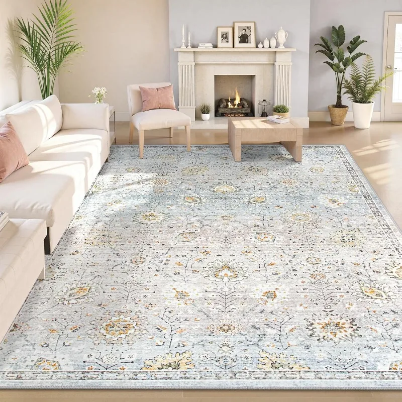 

Boho Light Blue Area Rug 8x10 for Living Room, Soft Floral Rugs for Bedroom Aesthetic, Washable Floor Carpet Non Slip Ind