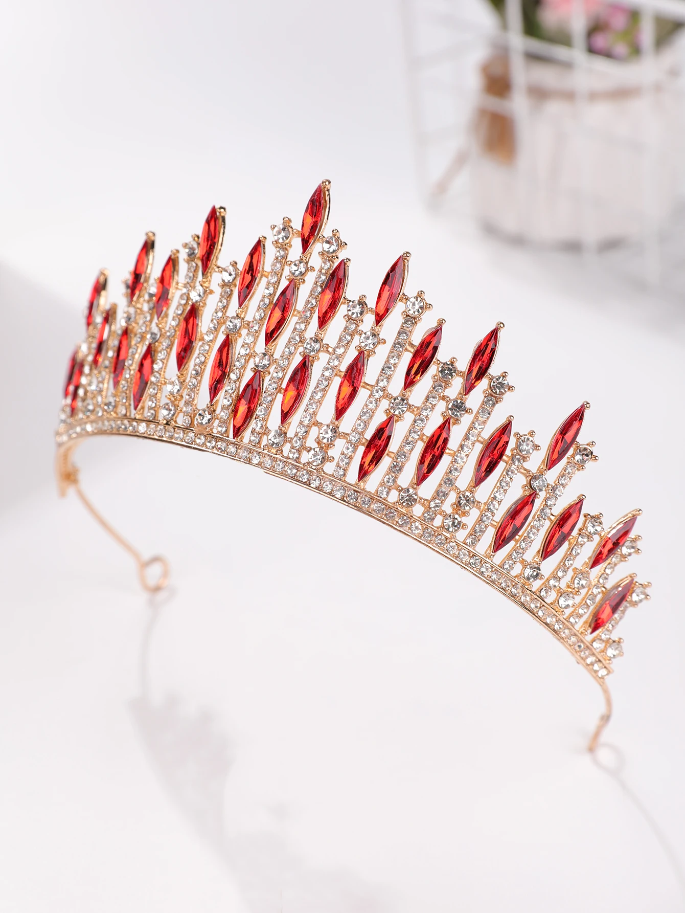 1 Buah Hiasan Kepala Mahkota Merah, Mahkota Ulang Tahun, Mahkota Ratu Retro, Kerudung Utama Pengantin Wanita, Mahkota Kelas Atas