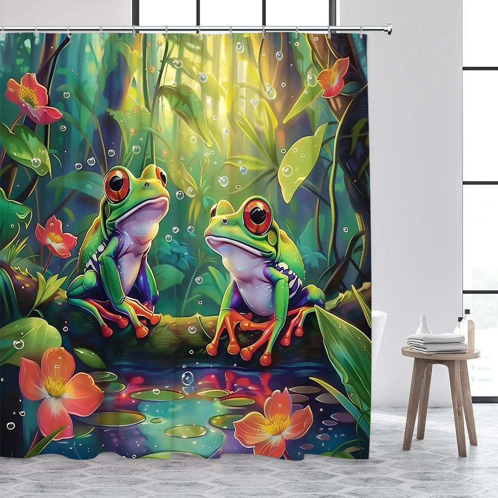 

Forest Frog Shower Curtains Funny Animals Jungle Floral Green Plants Rustic Scenery Bath Curtain Polyester Fabric Bathroom Decor