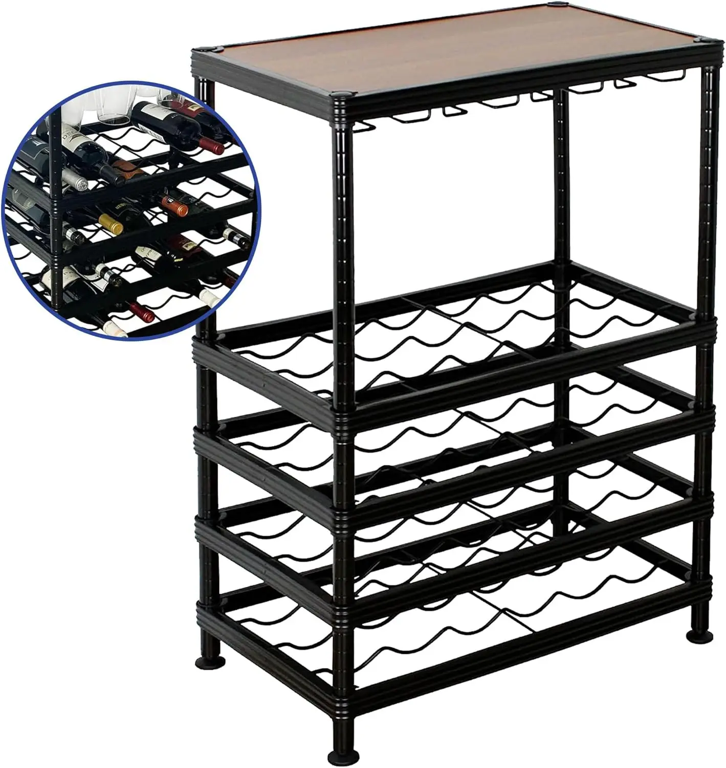 

Freestanding Wine Ra With Wood Table Top And Glass Holder, Holds 24 Bottles And 9 Wine Glasses, Adjustable Metal Wine Storage