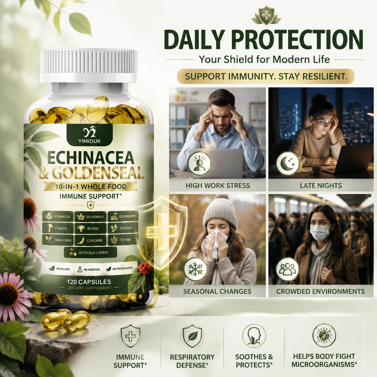 10‑in‑1 Echinacea & Goldenseal Capsules, with Elderberry Chaga Reishi Ginger Thyme Acerola Cherry, Support Immune Health, Energy