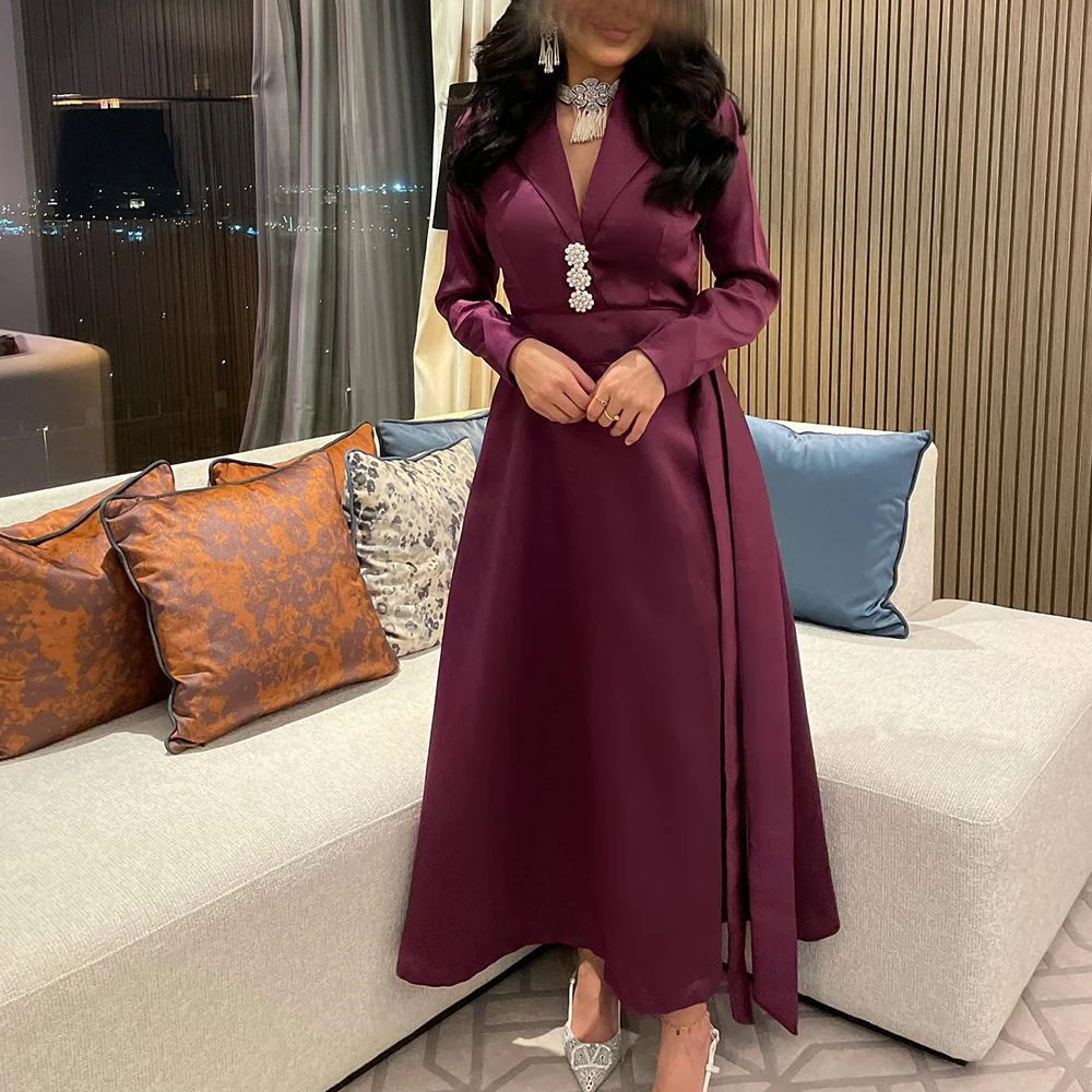 Elegant Party Dresses Woman 2024 V-Neck Long Sleeve Ribbons Crystal A-Line Ankle Length Plus Size Dresses For Occasions