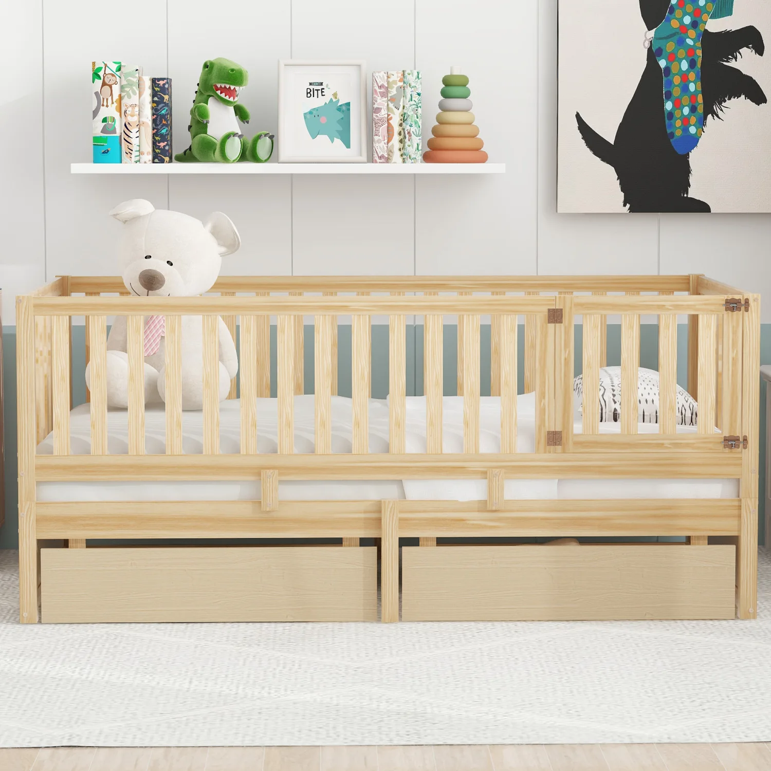 Twin Size Wood Daybed with Fence Guardrails and 2 Drawers, Split into Independent Floor Bed & Daybed, Natural - LP000881AAN