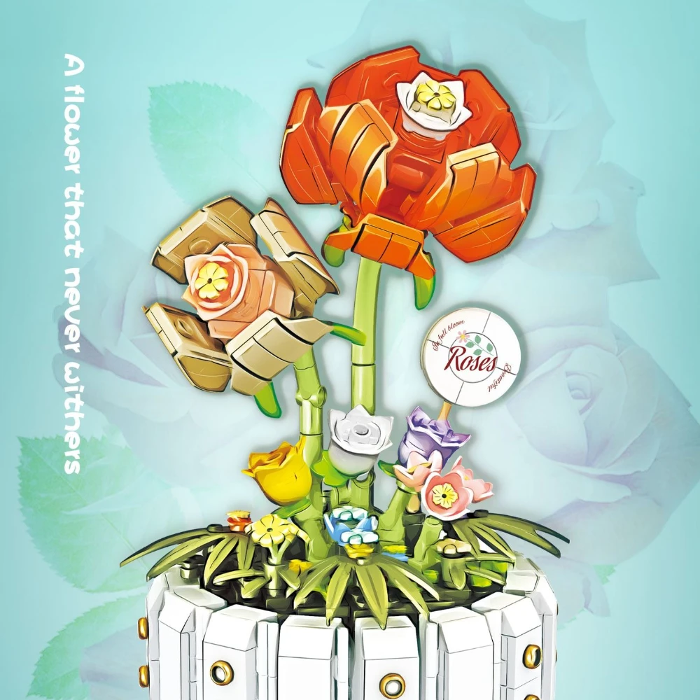 MOC Kleine Ingemaakte Eeuwige Bloem Plant Rose Boeket Bouwstenen Set Huis Thuis Kamer Decor DIY Speelgoed Voor Kinderen Verjaardagscadeau