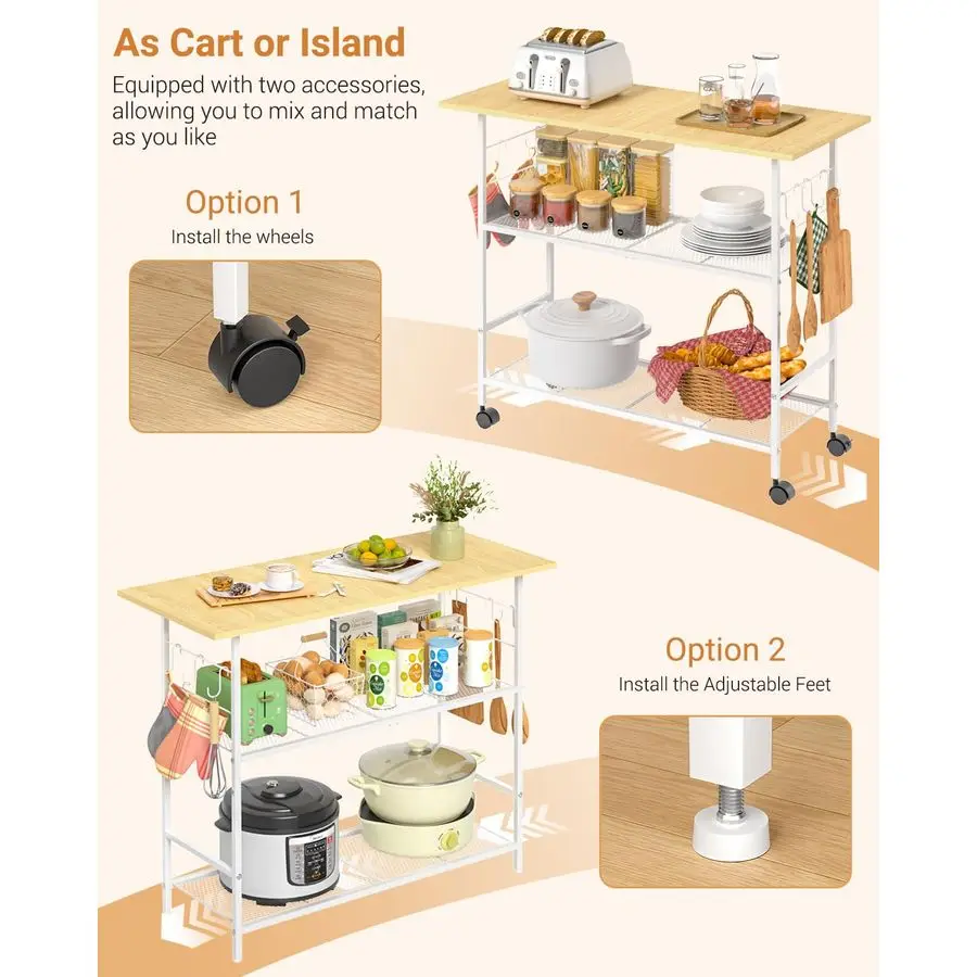 3段棚付きアイランド、6つのフックと保護棚付きの移動式キッチンカート、ロック可能な車輪付き電子レンジスタンド、ベーカーズラックC