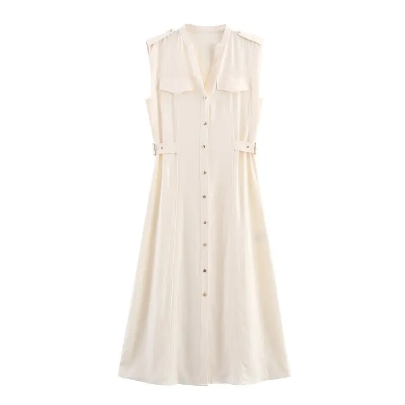 Estate nuova donna confortevole lino V-ne Svel Midi Dr Casual Pendolarismo Sle No-sve monopezzo Altro materiale...