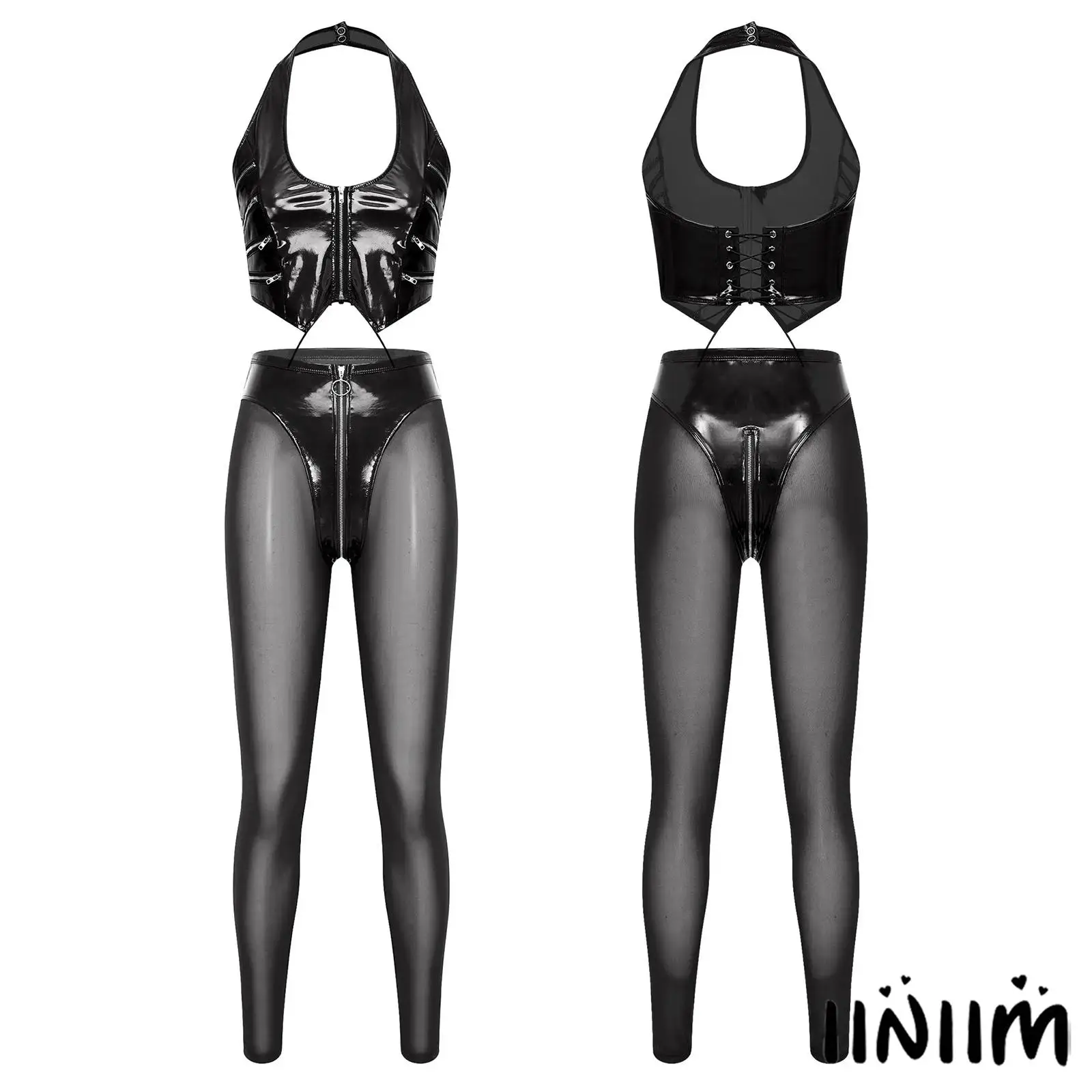 

Women Y2K PU Leather Clubwear Multi Zip Halter Crop Top Back Lace Up with Sheer Mesh High Waist Leggings Glossy Disco Outfit