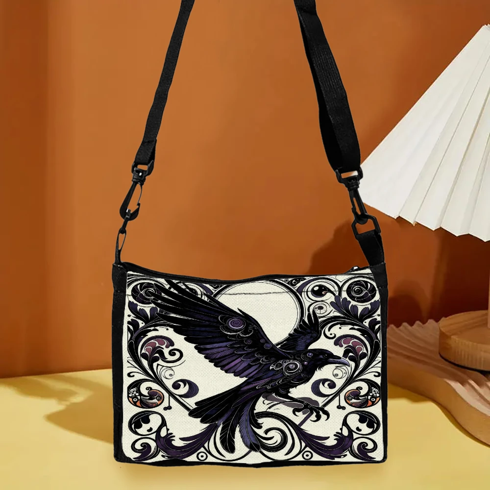 1pc Artistic Raven Design Crossbody Bag Black And White With Purple Accents And Ornamental Patterns Shoulder Bags For Women Fash
