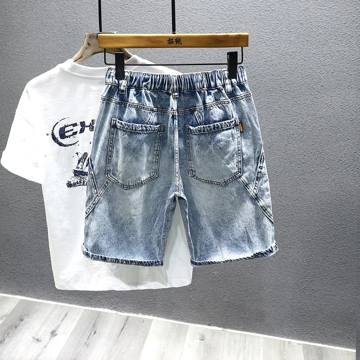 New Fashion Men Light Blue Retro Denim Short Jeans Man Elastic Waist Stretch Casual Trendy Denim Shorts Quality Nostalgia Jeans