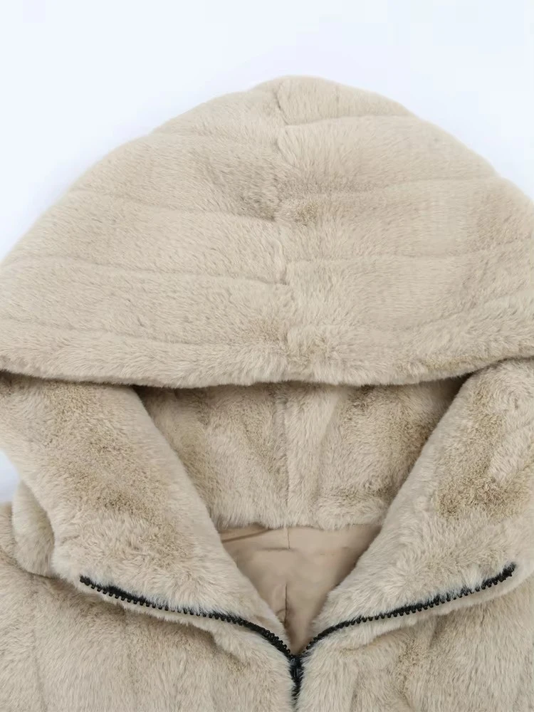Mauroicardi Winter Long Thick Warm Striped Fluffy Faux Fur Coat Women with Drawstring Waist and Hood Zip Up Furry Overcoat 2024