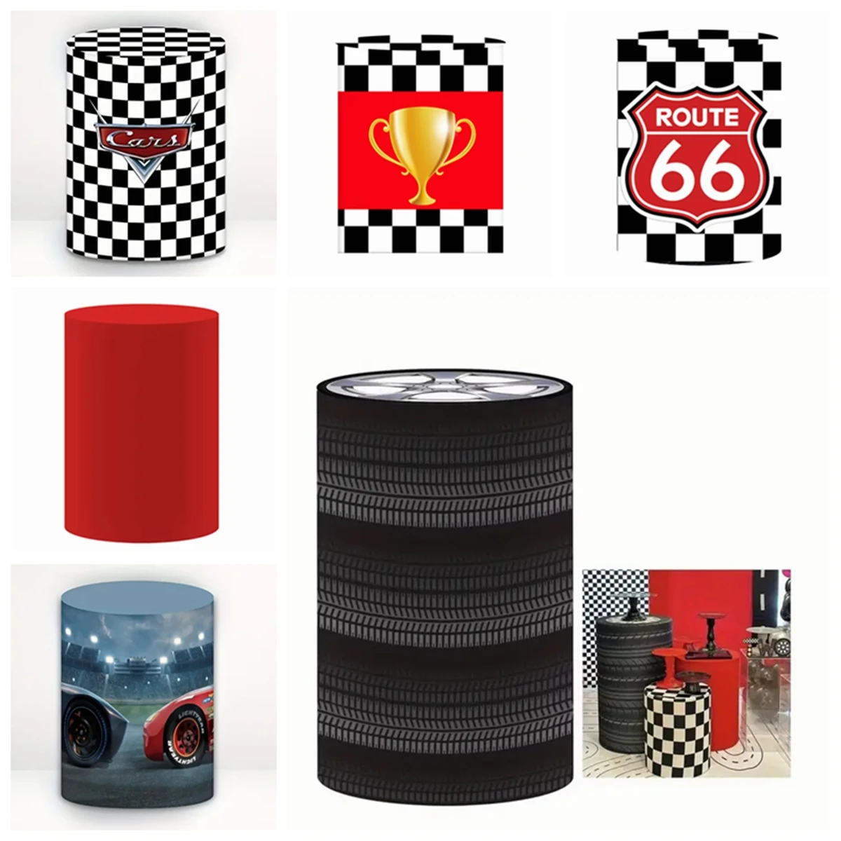 

Racing Theme Cylinder Cover Black White Checkered Route 66 Tires Boy Birthday Party Baby Shower Decoration Photography Props