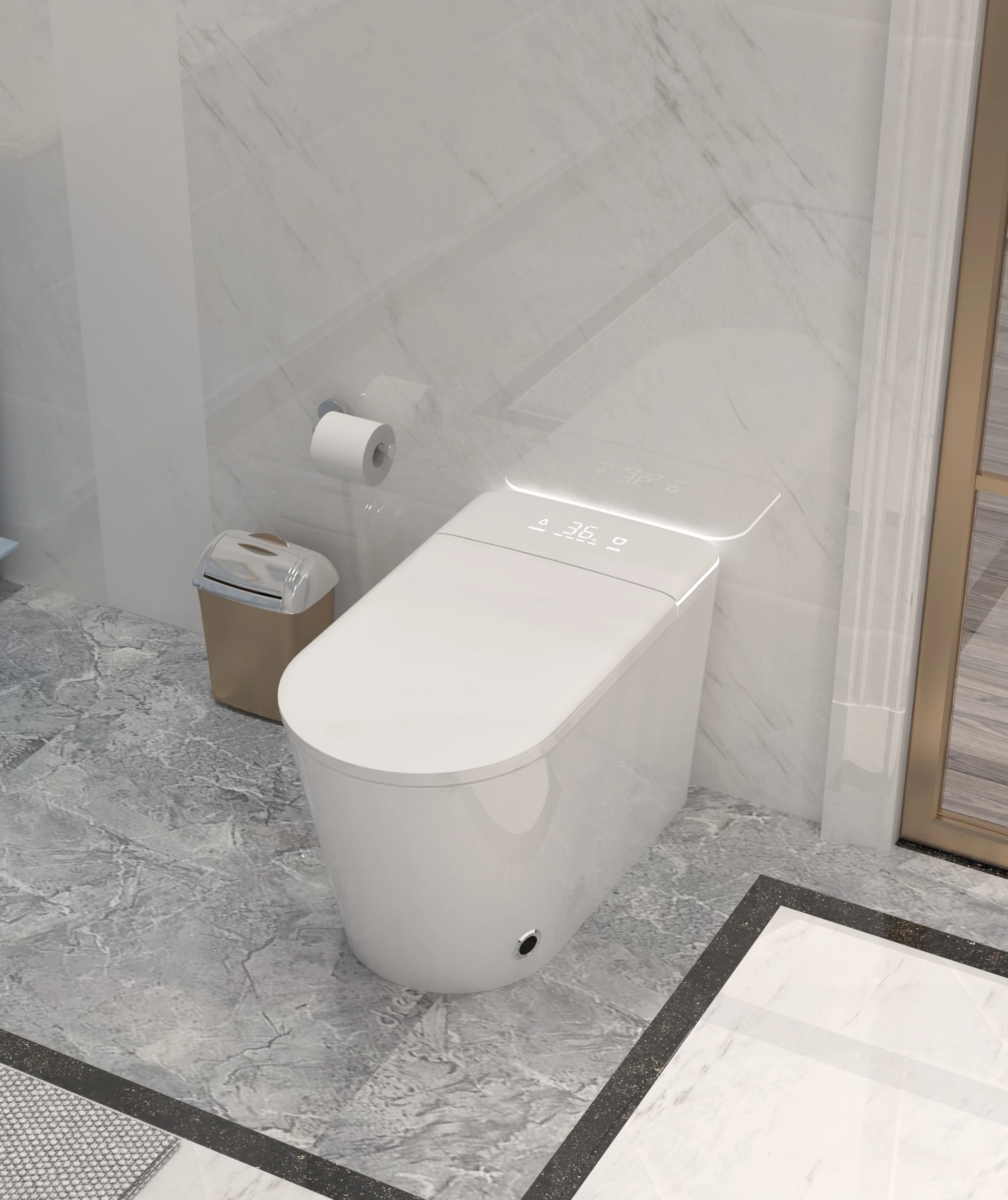 One Piece Tankless Toilet Lid Opening, Auto Lid Closing and Flushing, Heated Seat, Digital Display, Remote Control Smart Toilet