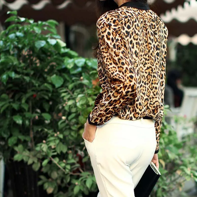 Chiffon Leopard Women Shirt Casual Long Blouses Print Slim Sleeve S Women Shirts Elegant Woman Clothing Loose