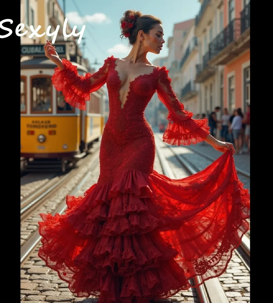 Increíble vestido de fiesta de flamenco rojo, vestido de noche victoriano de sirena de encaje escalonado, vestido de fiesta Formal de hechicera de manga larga personalizado