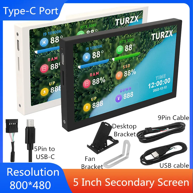 5 Inch IPS Type-C Secondary Screen Computer LCD Monitor Display USB Dynamic Mini Display 800x480 for Computer No Use AIDA64