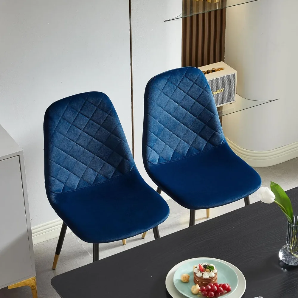 Velvet Dining Chairs Kitchen Plain Color Chair Upholstered Side Stools with Backrest Metal Legs Set of 4, Navy Blue