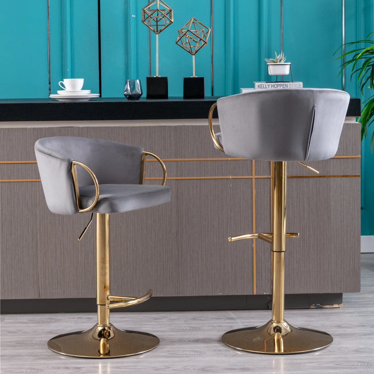 

Swivel Bar Stools Set of 2 with Chrome Footrest, Height Adjustable Velvet + Golden Leg Simple Design Grey