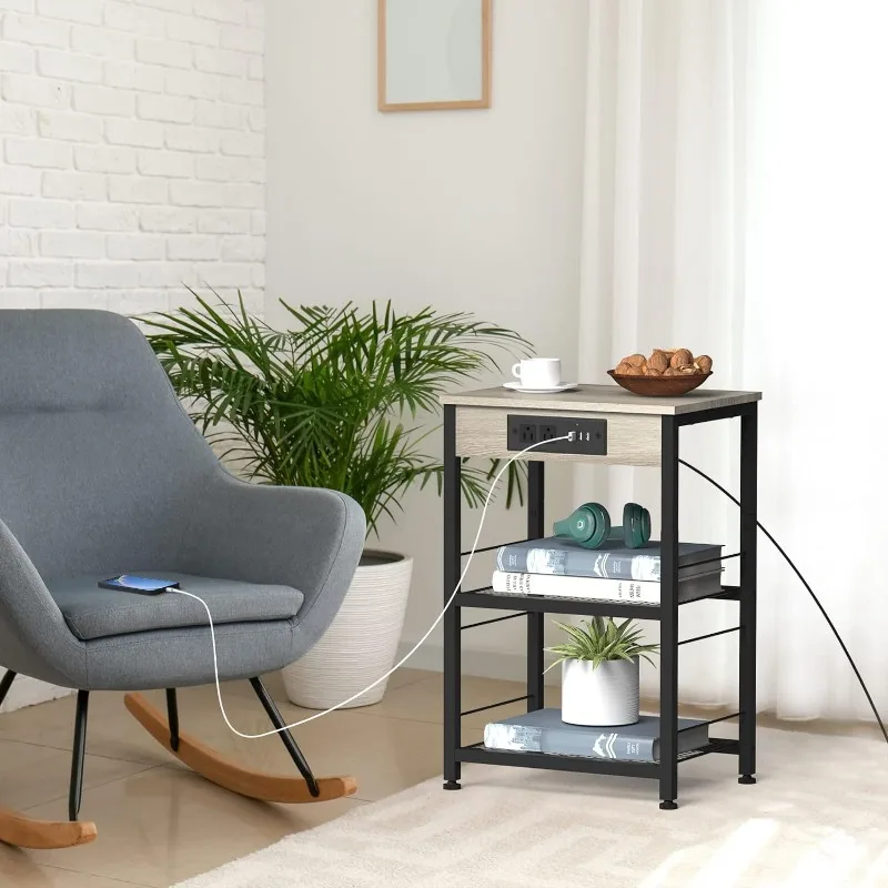 Nightstand with Charging Station Bedroom End Table with USB Ports and Power Outlets 3-Tier Small Side Table with Outlet