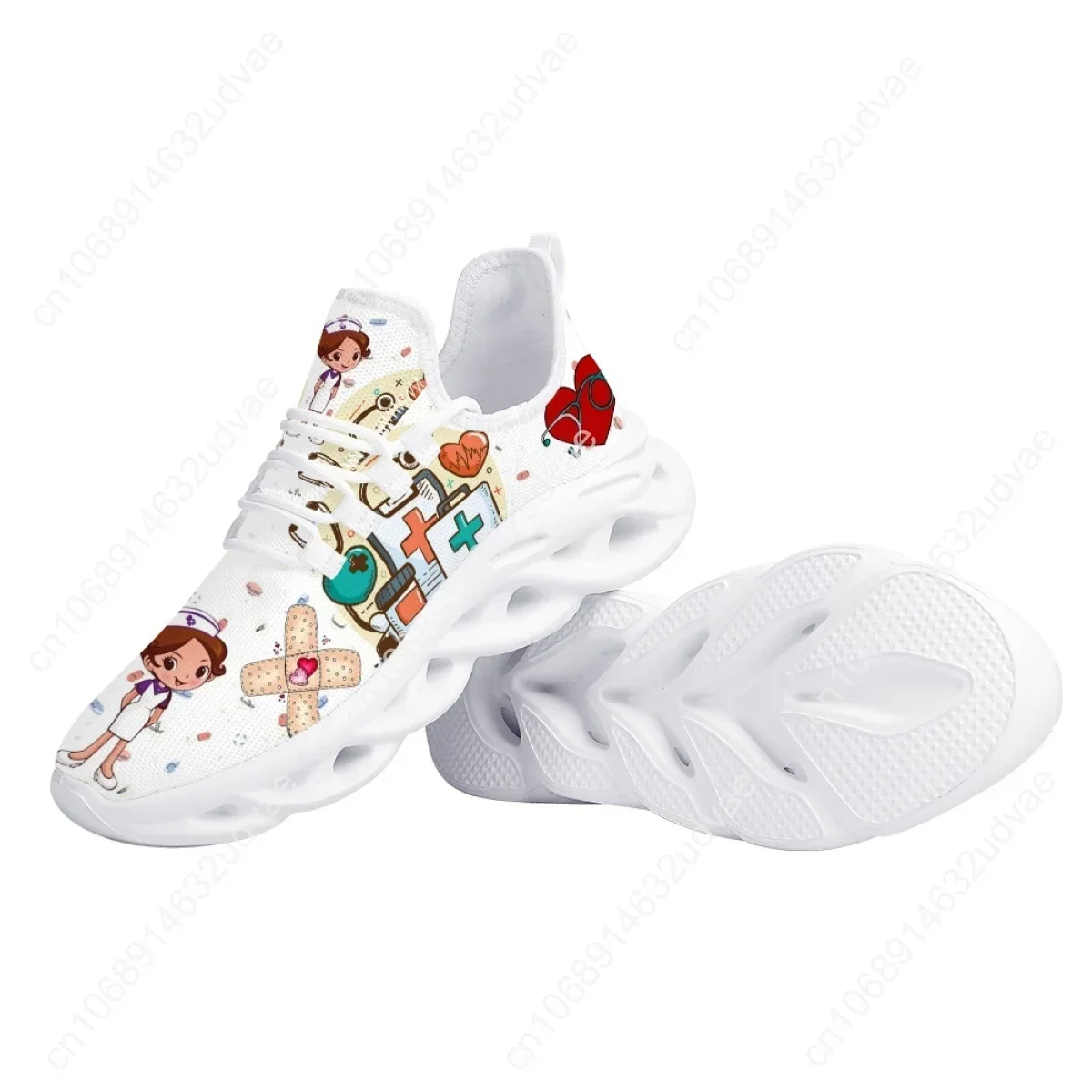 White Nursing Shoes For Women Cute Cartoon Nurse Women Sneakers Brand Design Doctor Medical Printed Light Lace-up Flats Zapatos