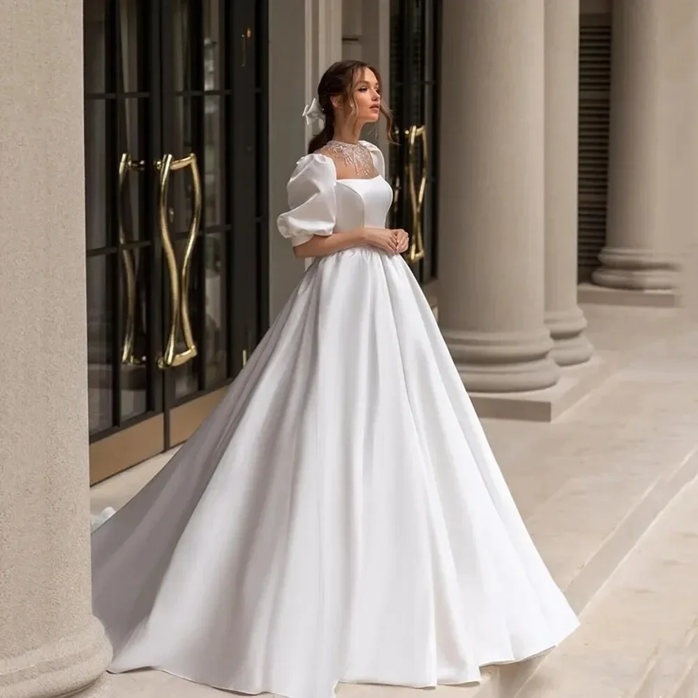 

Simple Plain Satin Wedding Dress Vintage Square Collar Princess Puffy Sleeves A-Line Floor-Length Evening Formal Occasion Dress