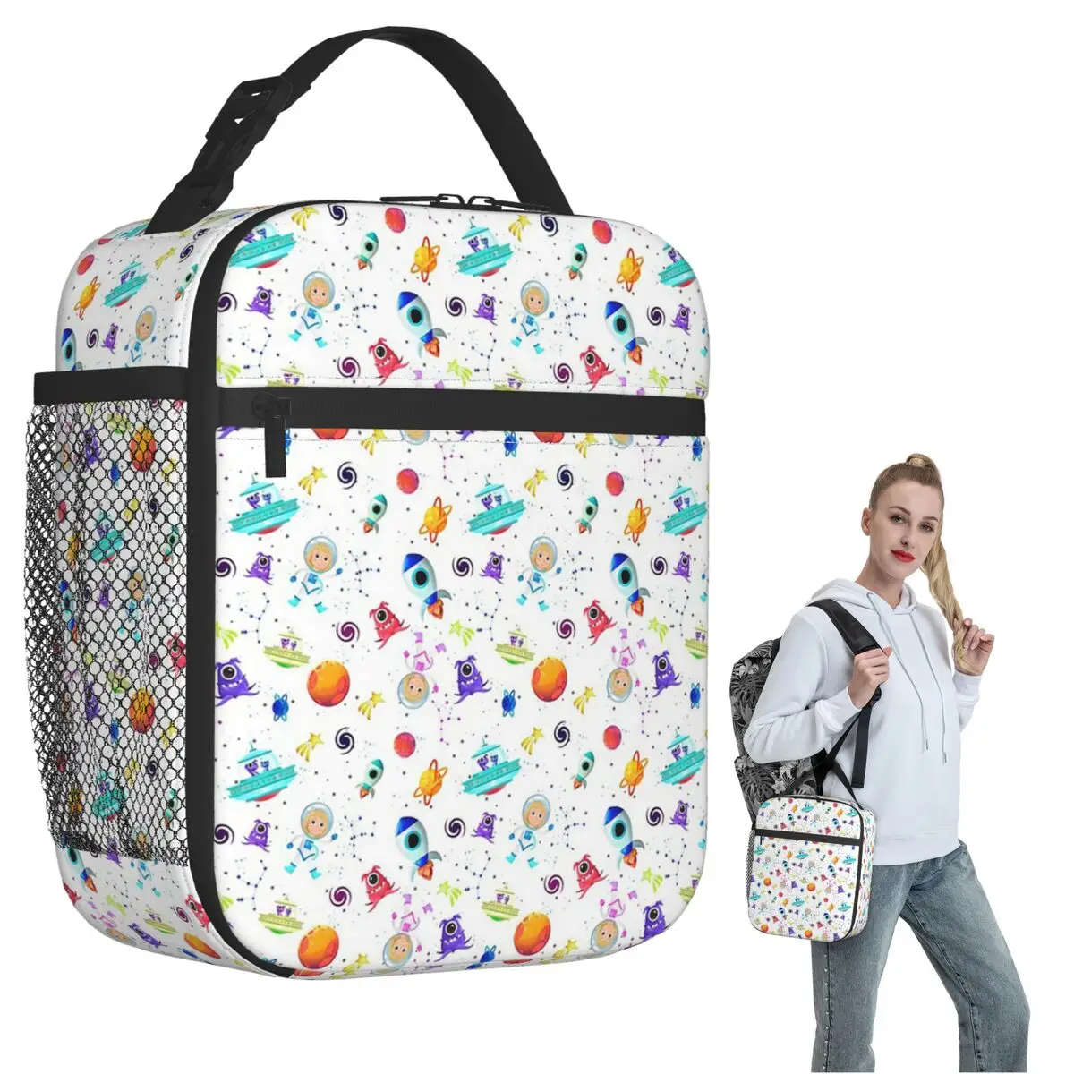 Colour Alien Rocket Spaceship Pattern Insulated Lunch Bag for Women Kids Leakproof Food Boxes Thermal Lunch Box Tote