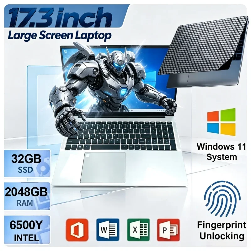 HOT 17.3" Student Study Laptop Intel 6500Y 32GB 2TB Windows 11 HD Lightweight Notebook For Home Office