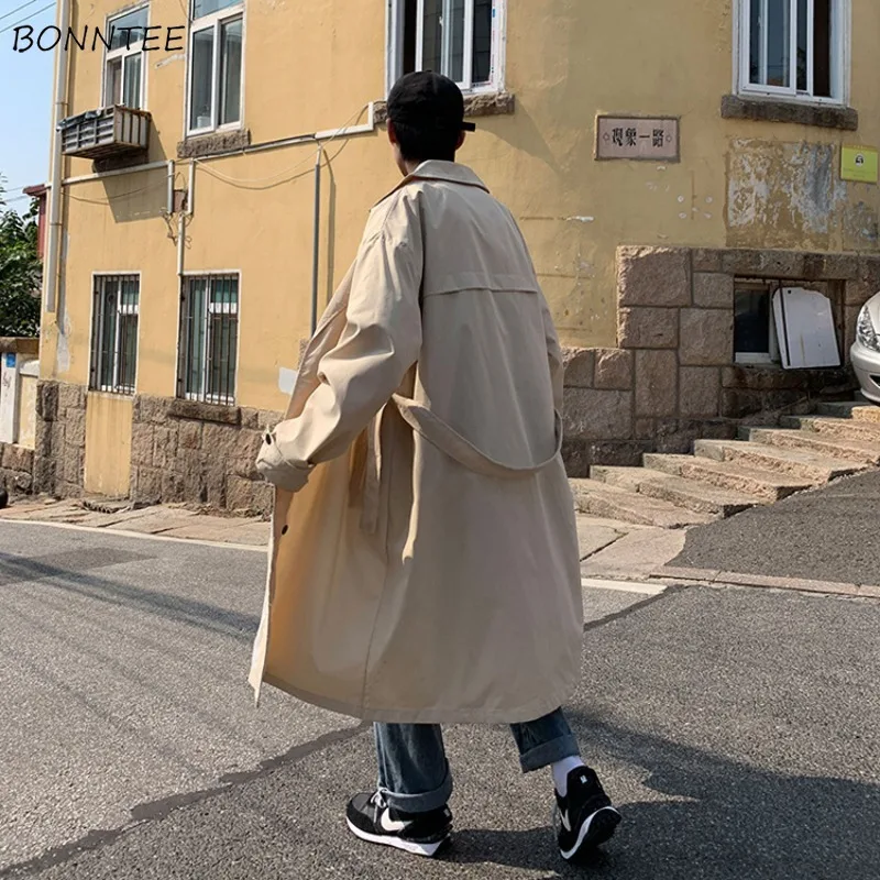 

Мужской Тренч большого размера с отложным воротником, однотонные универсальные длинные пальто, красивая модная верхняя одежда для отдыха в корейском стиле, мужское новое поступление