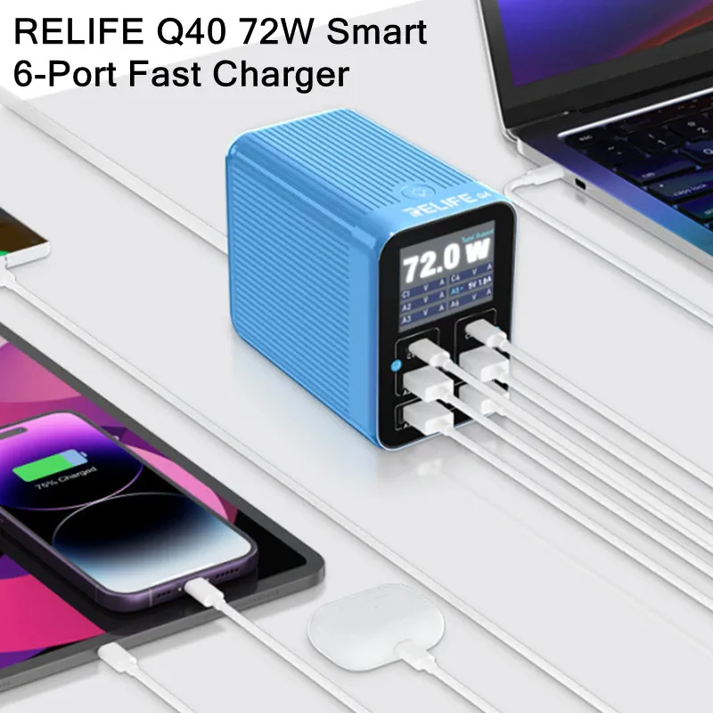 RELIFE Q4 Smart 6-портовое USB-зарядное устройство с цифровым дисплеем для мобильных телефонов, планшетов, часов, двойная станция быстрой зарядки PD + QC