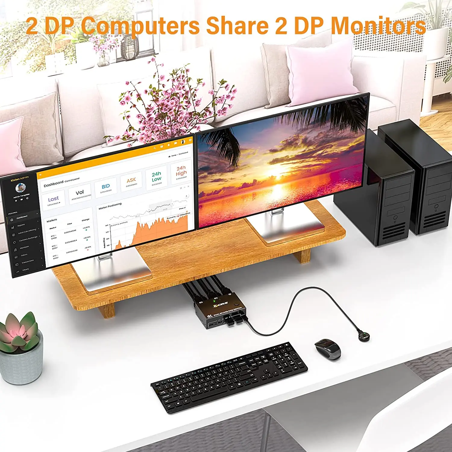 Podwójny Monitor HDMI DP przełącznik KVM 4K @ 60Hz,2K @ 120Hz, rozszerzony przełącznik wyświetlacza dla 2 komputerów dzielą 2 monitory i 4 porty USB 3.0