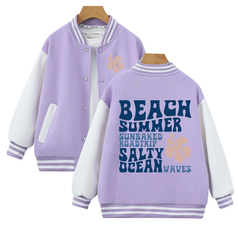 Ocean Beach Series Teen Cotton Baseball Coat Beach Summer Salty Ocean Funny Letter Print Outerwear Creative Flower Unisex Jacket