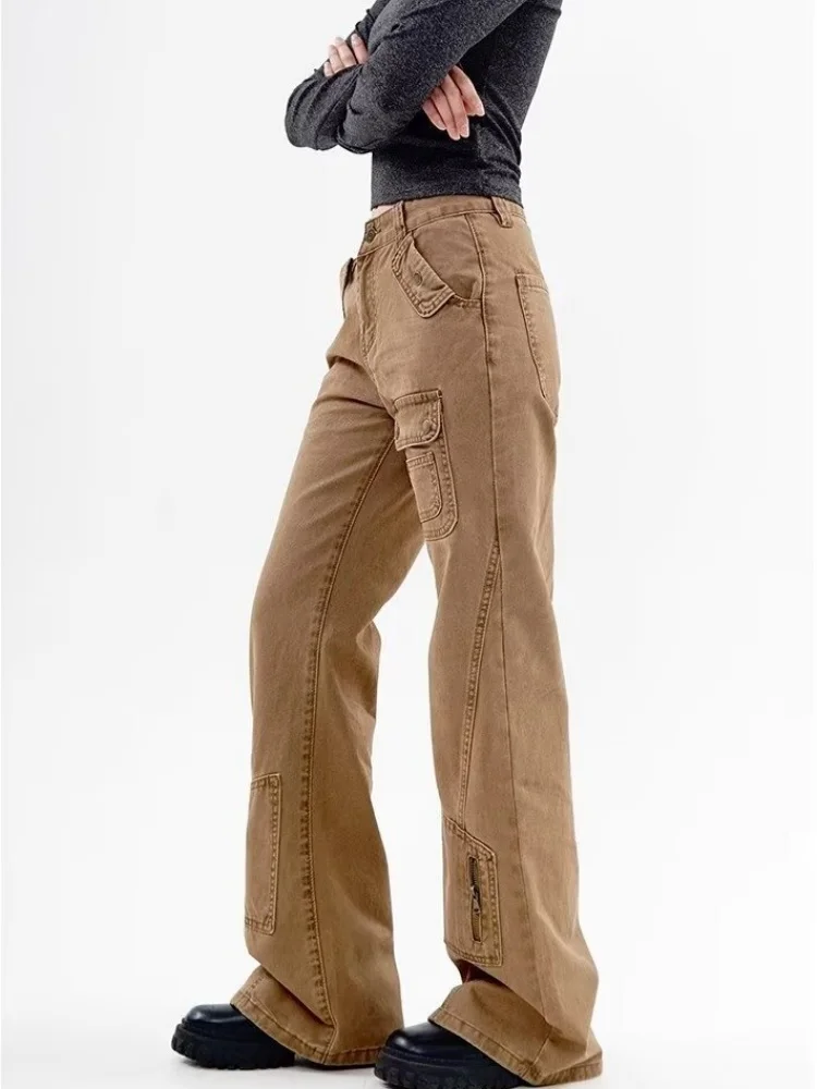 2024 Cyber Y2K ropa de calle cremallera caqui pantalones vaqueros acampanados ajustados pantalones Cargo para mujeres ropa Multi bolsillos Casual señora pantalones largos