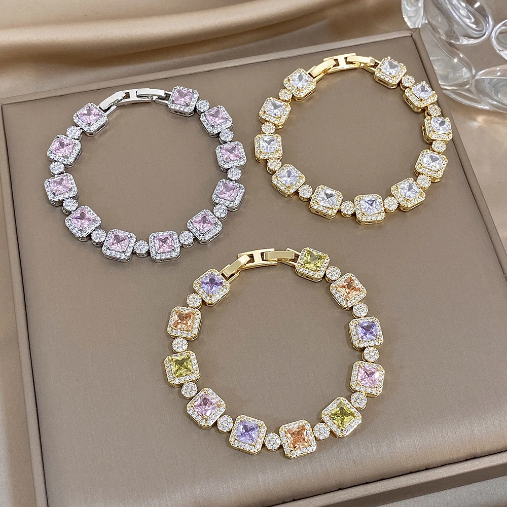 Greatera Damen-Armband aus Kupfer, zierliche, farbenfrohe, quadratische Zirkon-Handkette, Party, trendiger, romantischer, wasserdichter Schmuck – Detail 8