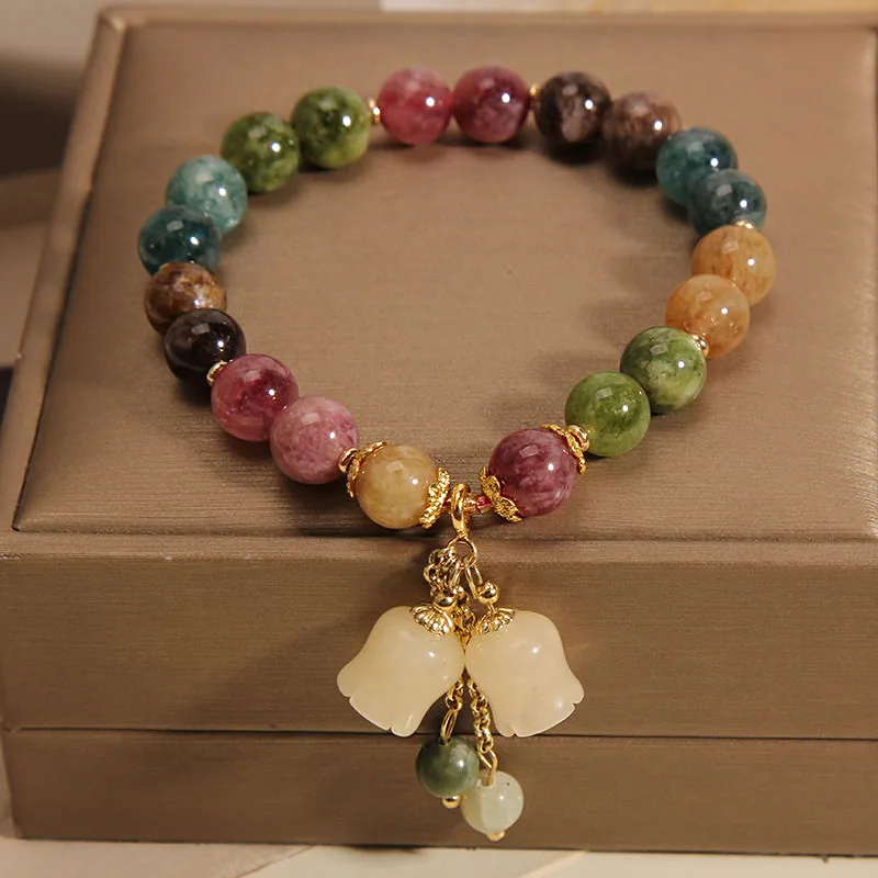 Natural Stone Colored Fashion Handmade Beaded Small Bell Orchid Pendant Elastic Bracelet for Women Girls  Bracelet Jewelry Gifts