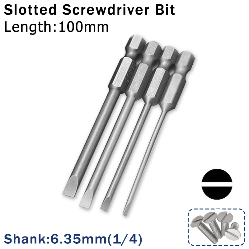 4/10pcs 100mm S2 Alloy Steel Flat Head Slotted Tip Magnetic Slotted Screwdrivers Bits SL3/SL4/SL5/SL6 Top Quality Silver