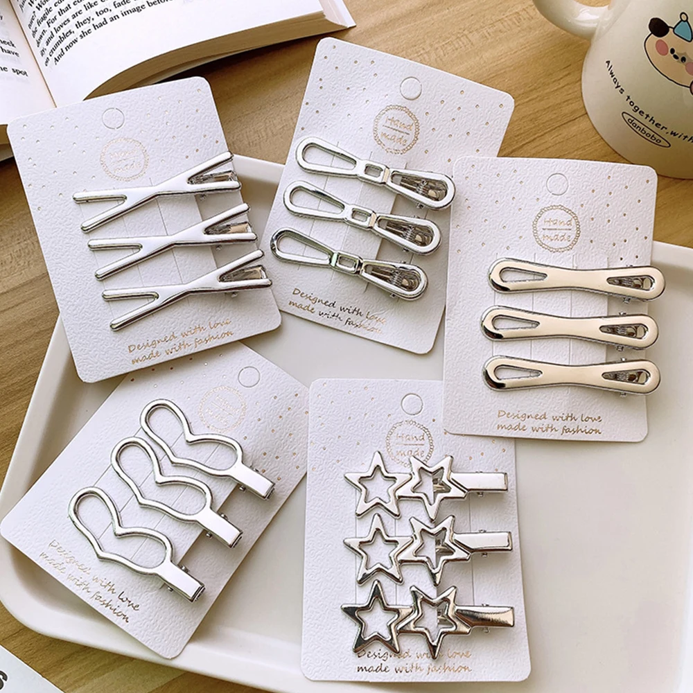 3PC Set Silver Metal Star Heart Bow Hollow Out Hair Clips Geometric Barrettes Girls Alloy Hairpins Styling Tool Hair Accessories