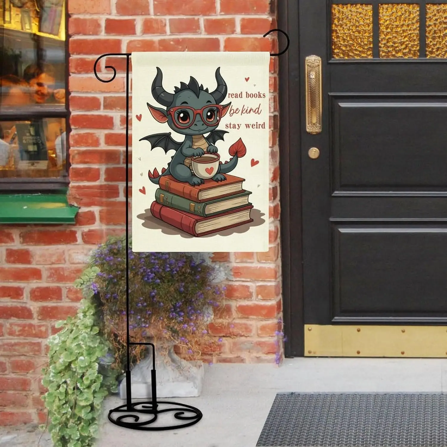 Cute Dragon & Books Read Books Be Kind Stay Weird Slogan Garden Flag 12x18 Inch Double Sided, Yard Flags for Seasonal Ou AAS