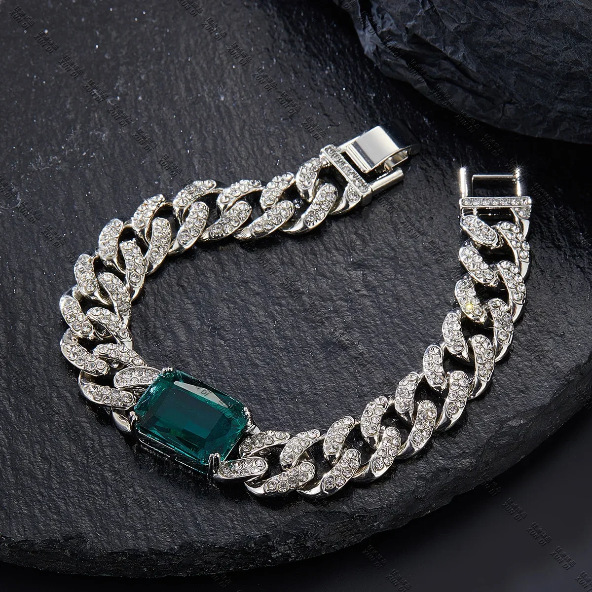 13mm Dog Cat Chain Big Green Rectangle Diamond Miami Cuban Link Walking Metal Collar Jewelry Accessories For Medium Big Pets