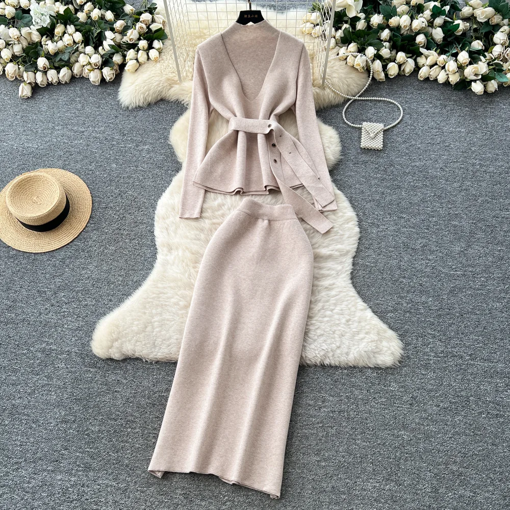 

Women Three Pieces Solid Dress Set Knitted Matching Sets Belted Pullover V Neck Vest Ankle Lenth Skirt Loose Casual 2025 Winter