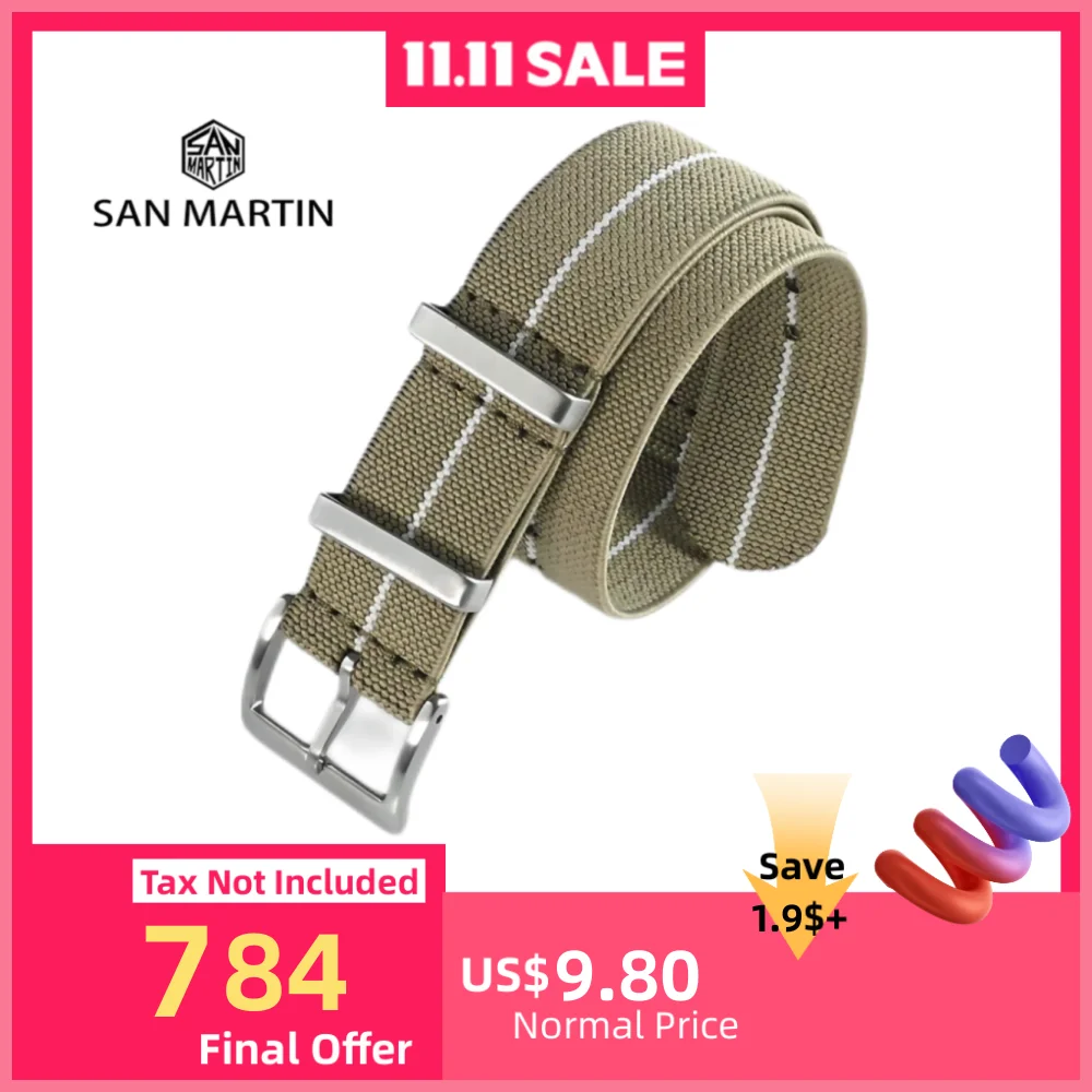 

Ремешок San Martin нейлоновый для мужских наручных часов, спортивный Универсальный Холщовый браслет с пряжкой с язычком, 20 мм 22 мм